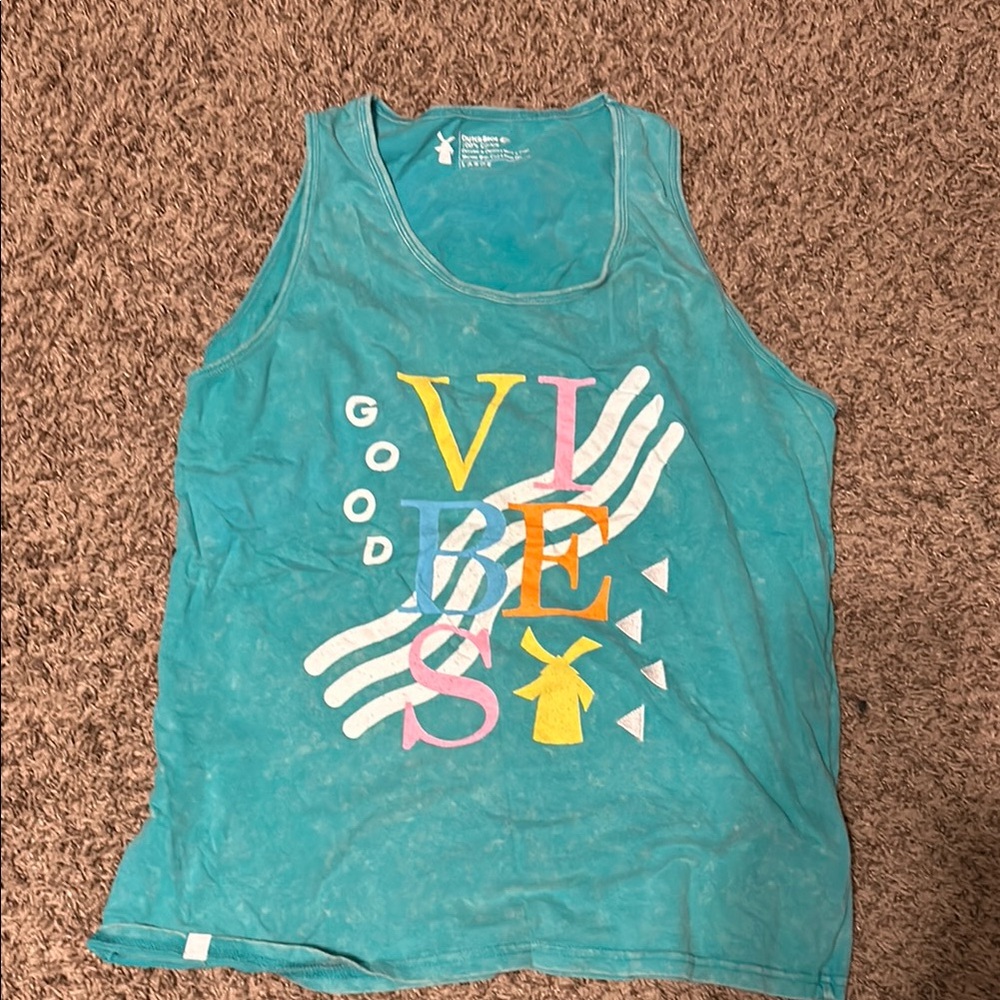Dutch Bros Teal Graphic Tank Top with Colorful Print